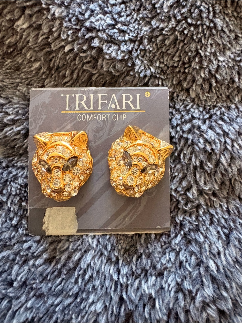 Trifari Gold Tone Crystal Panther Clip Earrings